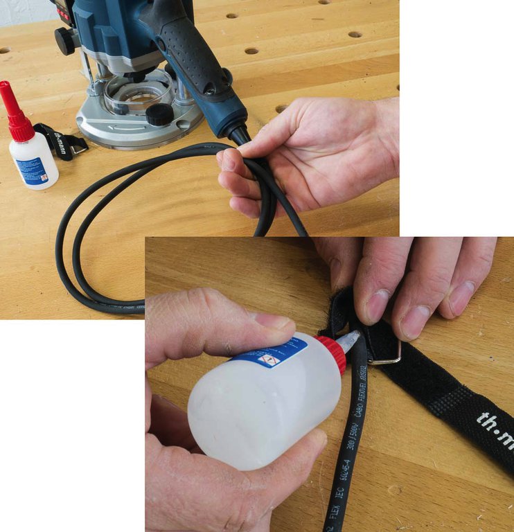 Probieren Sie die genaue Position des Kabelbinders erst einmal selbst aus. Wenn Sie den für sie optimalen Abstand zur Maschine ermittelt haben, können Sie den Kabelbinder festkleben.