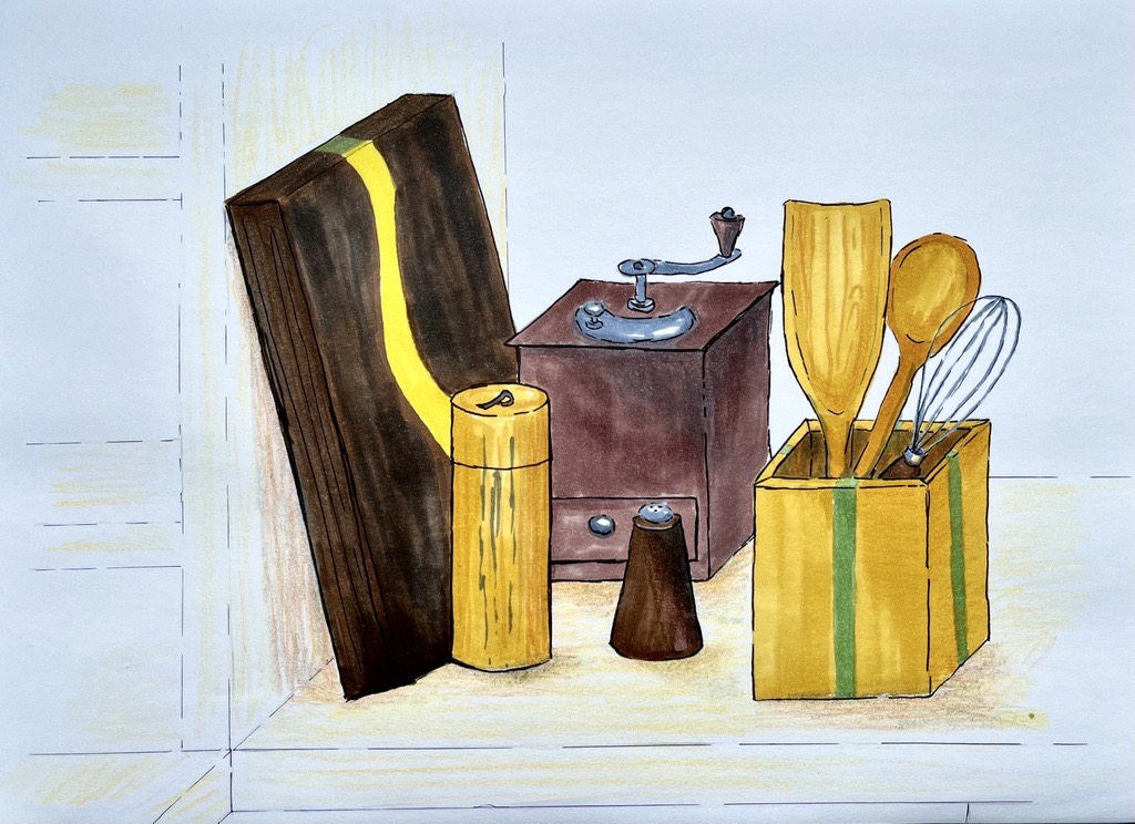 Eine Zeichnung mit mehreren Küchenutensilien, die man aus Holz bauen kann. Schneidebrett, Kaffeemühle, Pfeffermühle. Salzstreuer, drei Utensilien stehen in einem eckigen Holzköcher: Pfannenwender, Kochlöffel, Schneebesen für das Thema der zweiten Bauzeit.