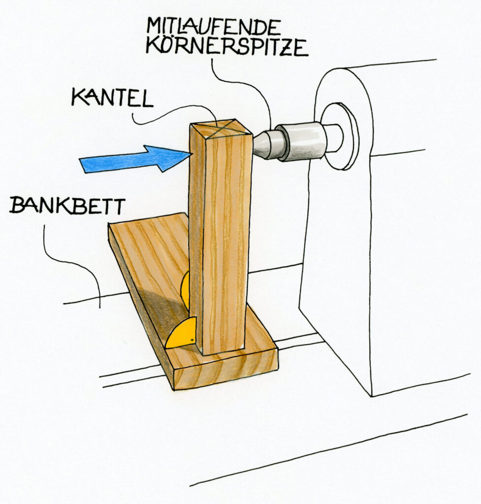 Illustration, wie man einen Stiftehalter zum Anzeichnen auf der Drechselbank selbst baut.