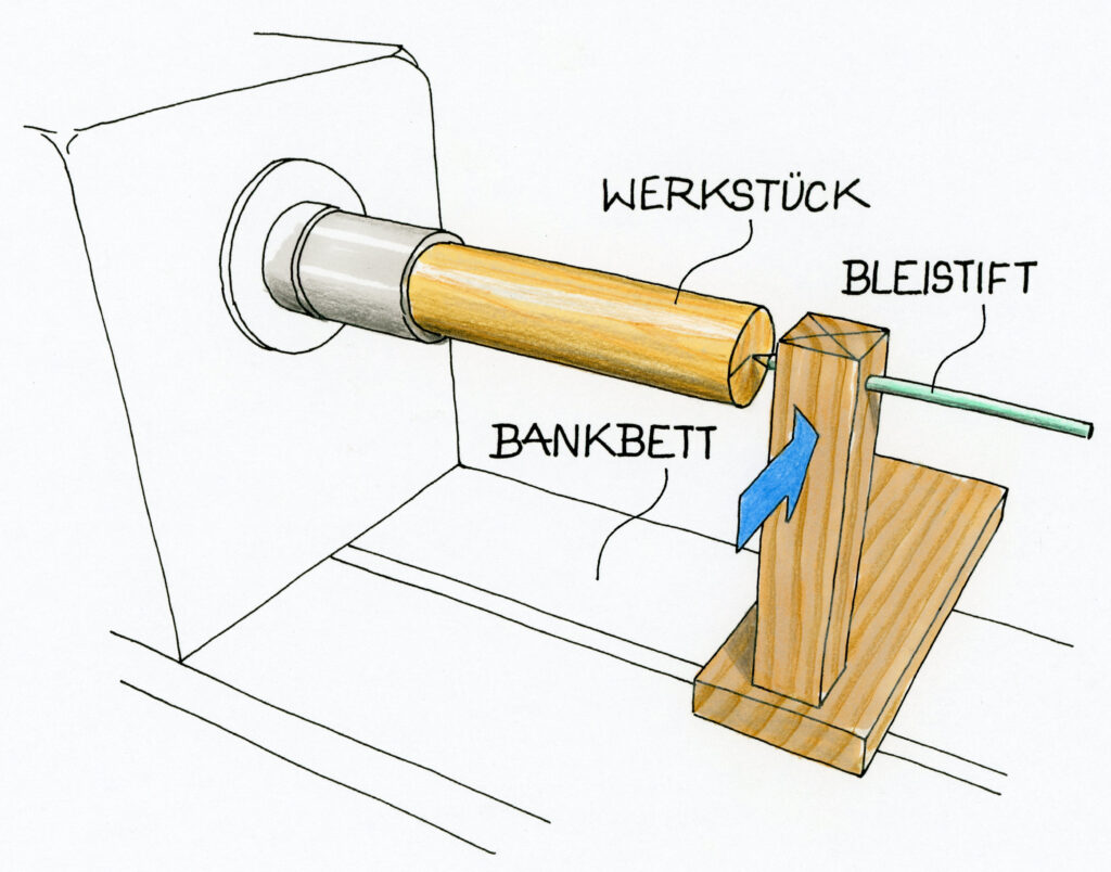 Illustration, wie man einen Stiftehalter zum Anzeichnen auf der Drechselbank selbst baut.