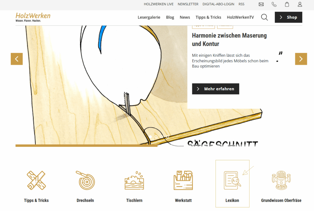 Screenshot der Homepage www.holzwerken.net zeigt Auffindbarkeit des Holzwerkerlexikons.