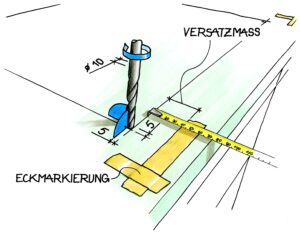 Skizze einer Bohrung in eine Arbeitsplatte mit Maßangaben, Versatzmaß und Eckmarkierung.