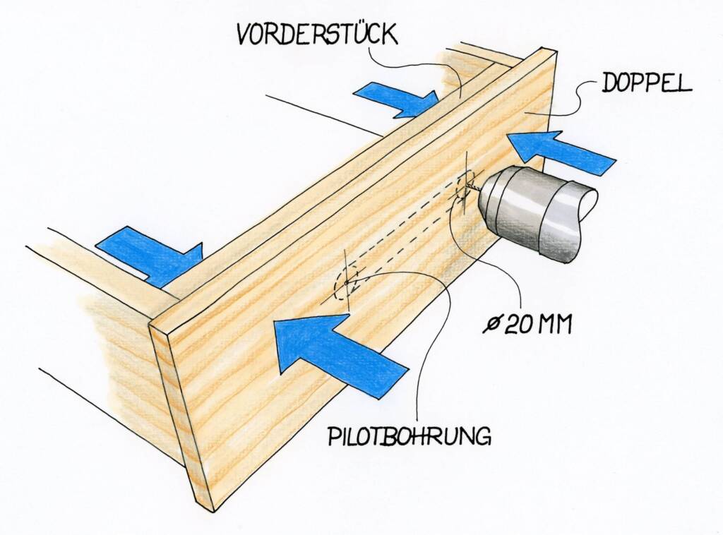 Holzplatte mit eingefrästem Griffloch wird mithilfe eines Doppels präzise auf ein Vorderstück ausgerichtet.