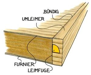 Querschnitt einer Holzplatte mit bündigem Umleimer, Furnier und Leimfuge.