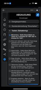 App-Interface zeigt Einstellungen für Schaltertyp eines WLAN-Relais zur Absaugsteuerung.