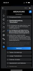 App zeigt Einstellung zur Reaktion des WLAN-Relais nach Stromwiederherstellung.